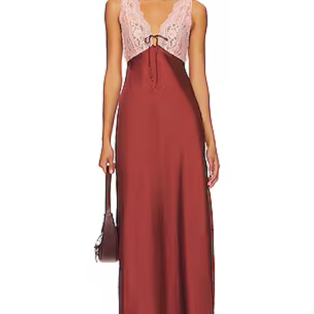 Free People Lace-Trim Maxi Dress with Dusty Rose Bodice and Rust Skirt